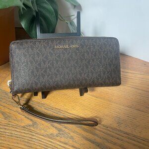 Michael Kors Brown Large Zip Around Signature Logo Continental Wallet
